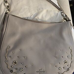 Coach Pebbled Leather Hobo Bag in Taupe with Studded Floral Accent